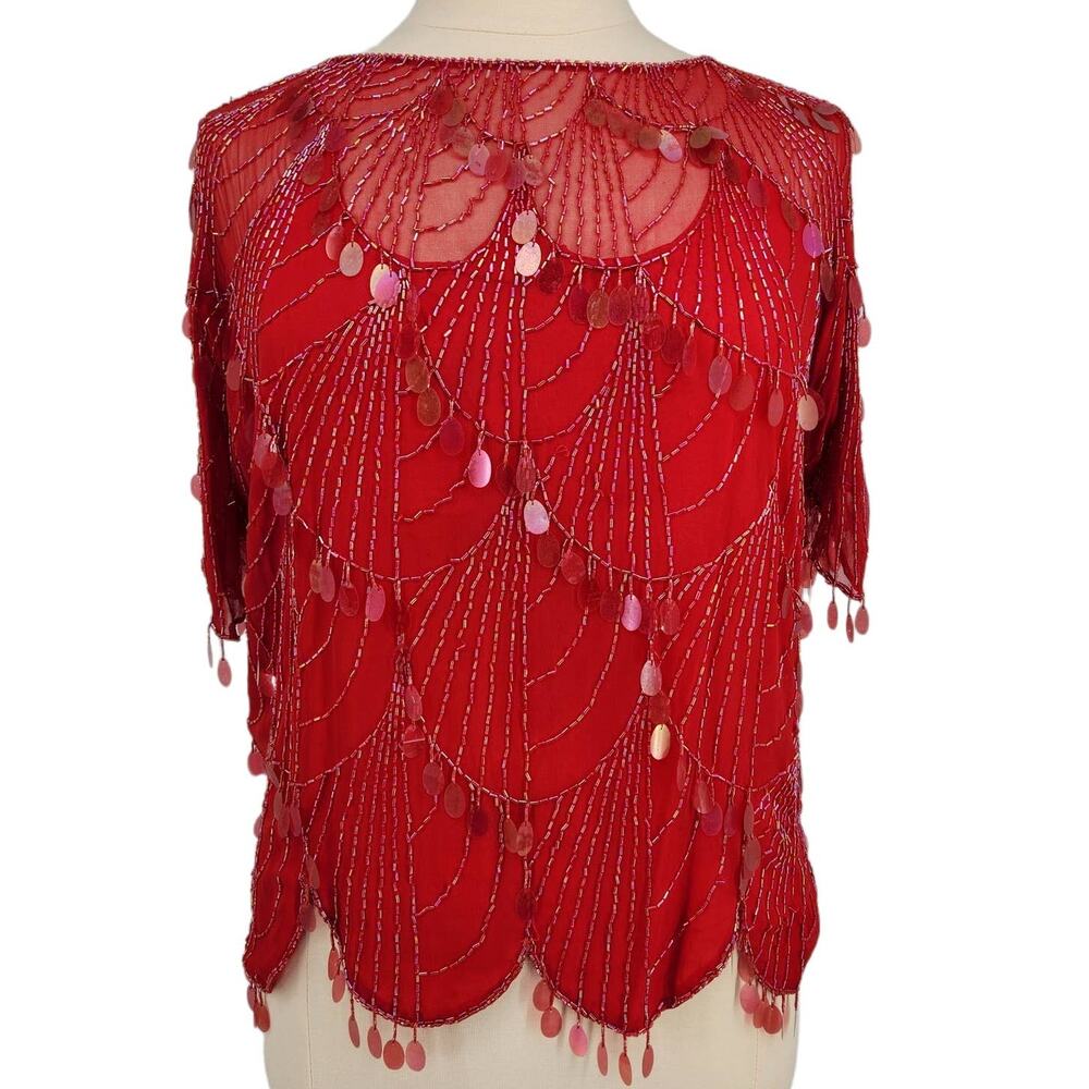 Vintage Plum Blossom Beaded Top Hand Embroidery Red XL